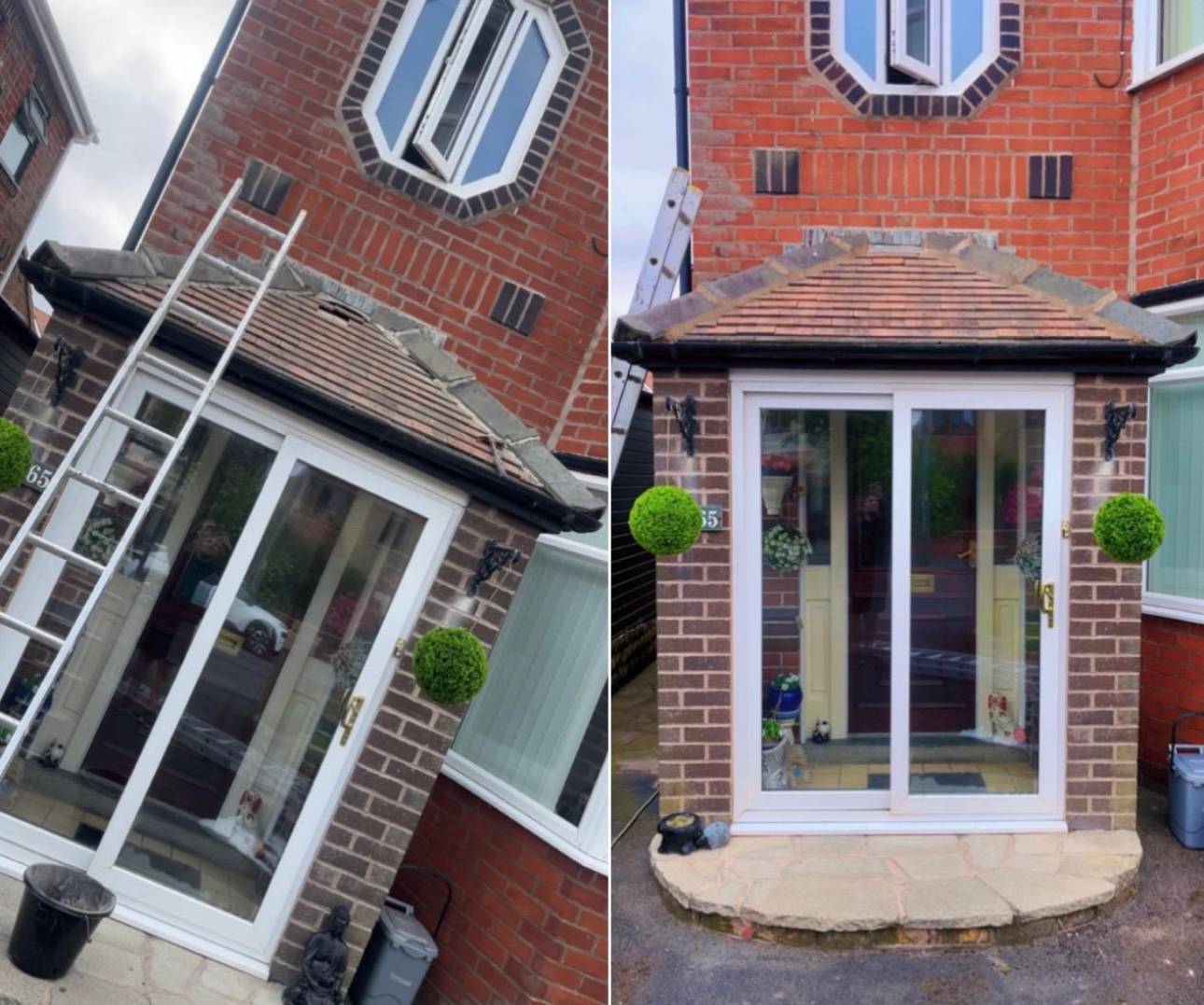 Porch roof verges repointed and rebedded, before and after, Blackpool
